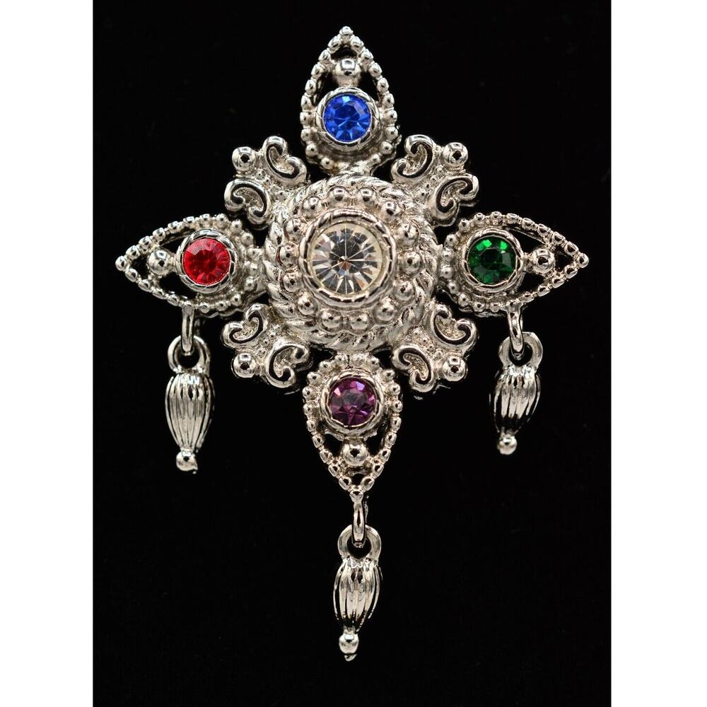 Bob Mackie Vintage Pin Brooch Maltese Cross Rhinestone Crystal Dangle 80s Bin5A
